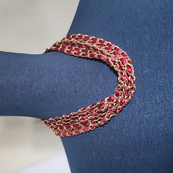 Multi Strand Gold Chain with Red Satin Ribbon Necklace Earrings Set New - Picture 8 of 9